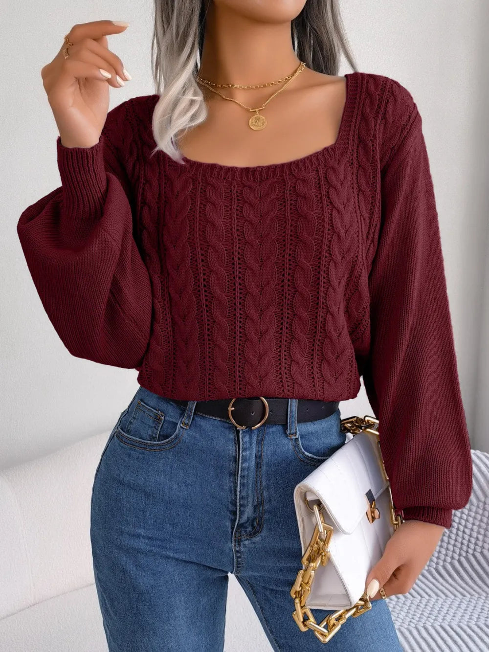 Cable-Knit Square Neck Long Sleeve Sweater Trendsi