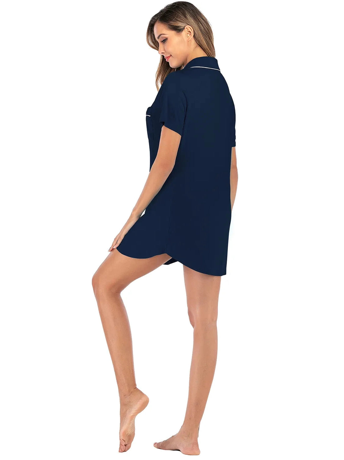 Contrast Piping Pocketed Short Sleeve Lounge Dress nicholesgifts