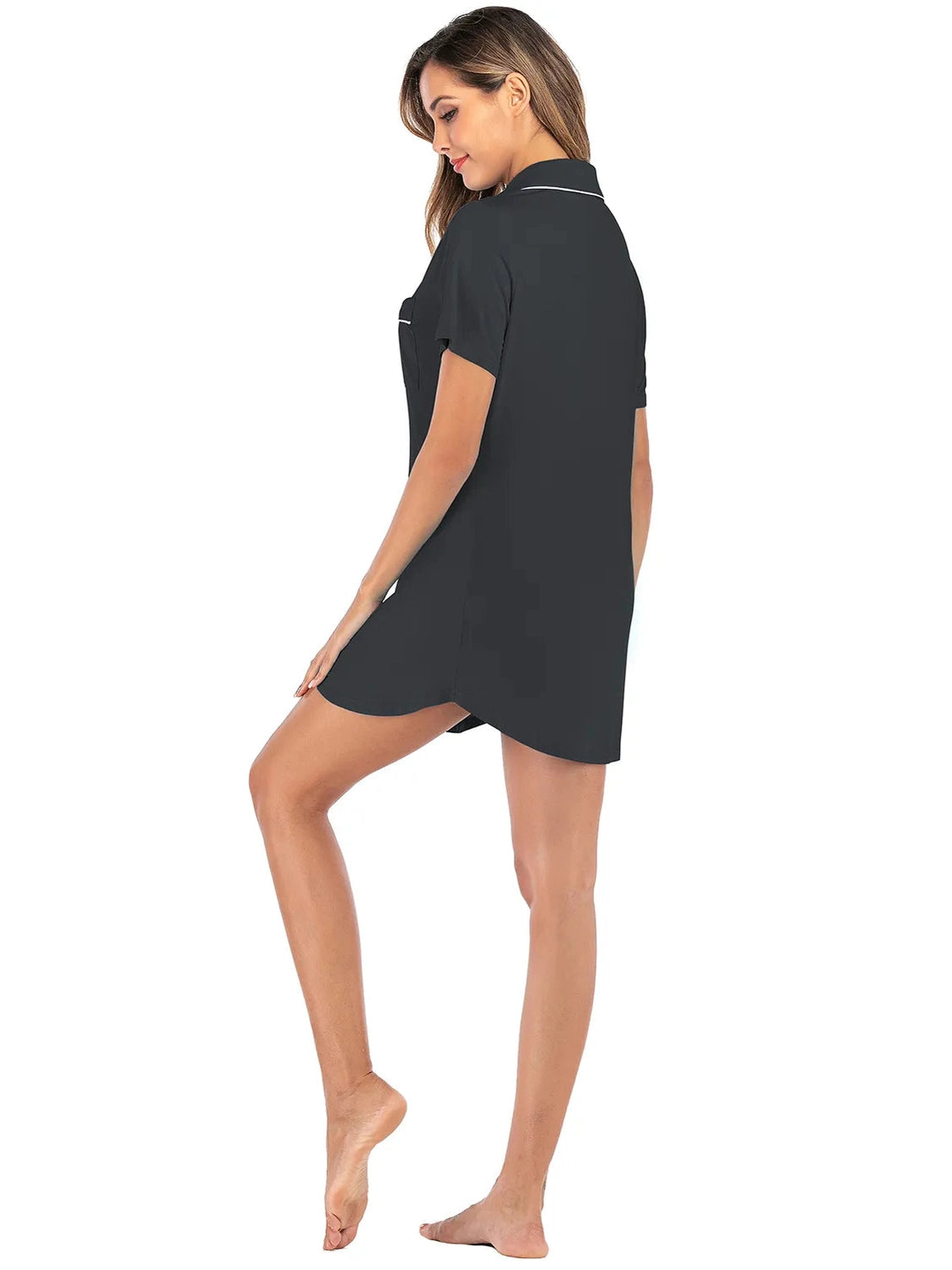 Contrast Piping Pocketed Short Sleeve Lounge Dress nicholesgifts