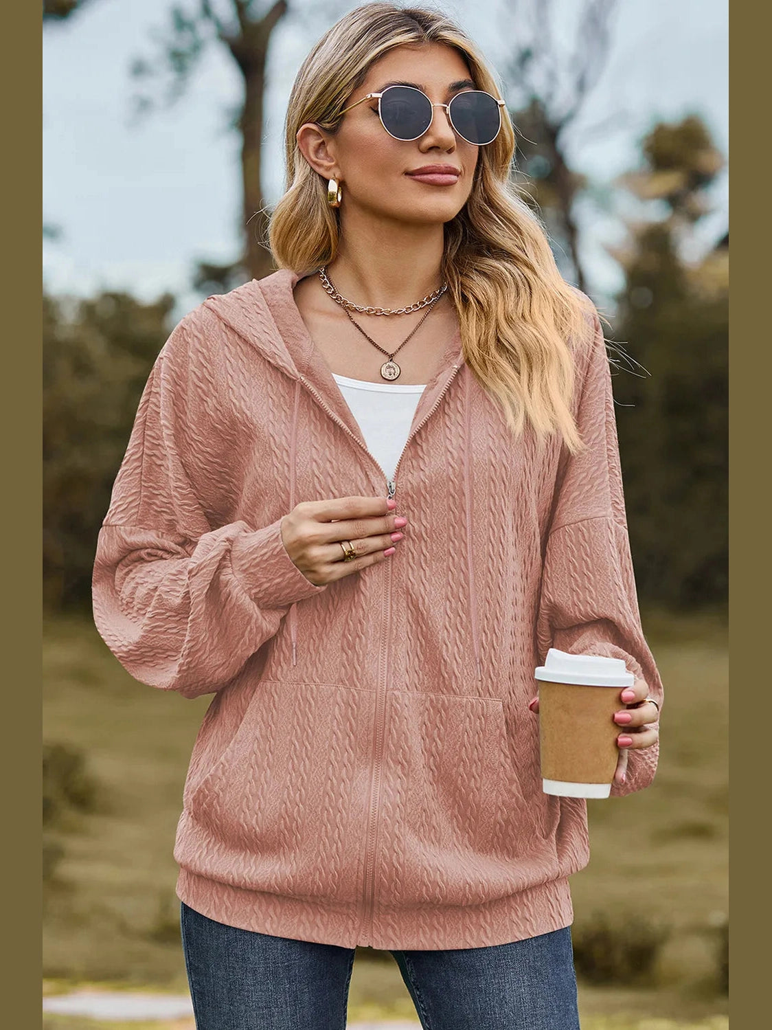 Drawstring Zip Up Dropped Shoulder Hoodie nicholesgifts