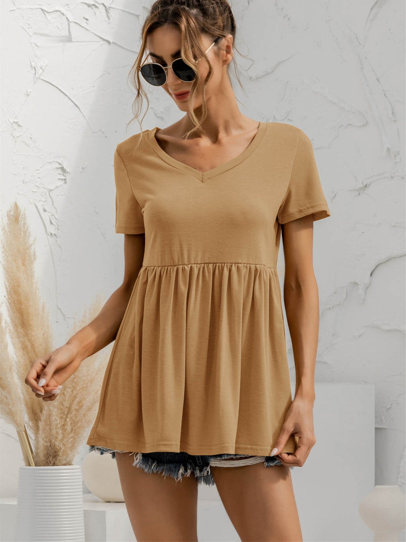 V-Neck Short Sleeve Babydoll Top NicholesGifts