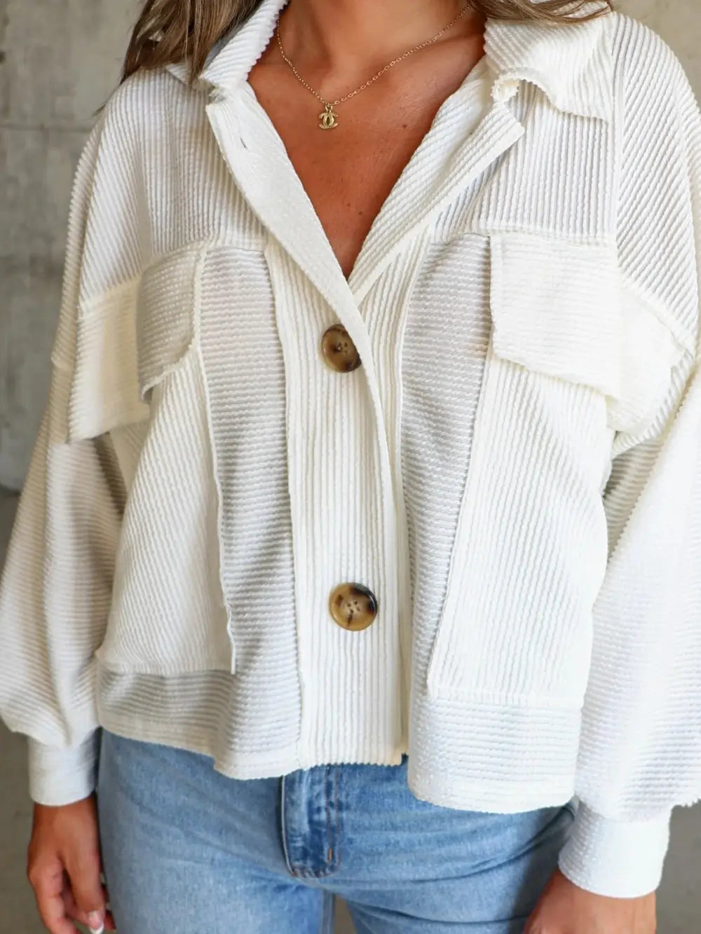 Ribbed Collared Neck Button Up Jacket nicholesgifts