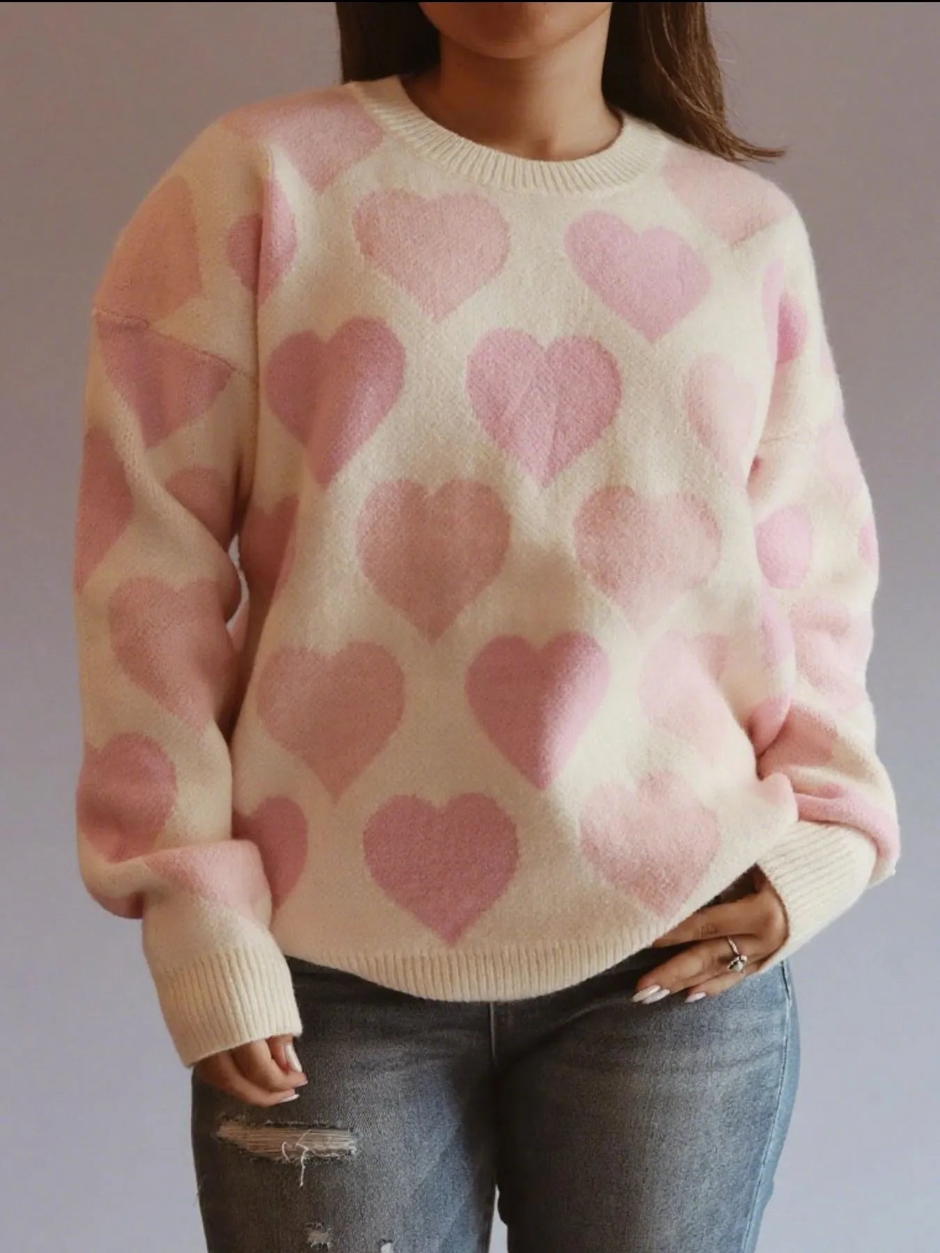 Women Heart Ribbed Hem Long Sleeve Sweater For Valentine's Day Gift For Her nicholesgifts