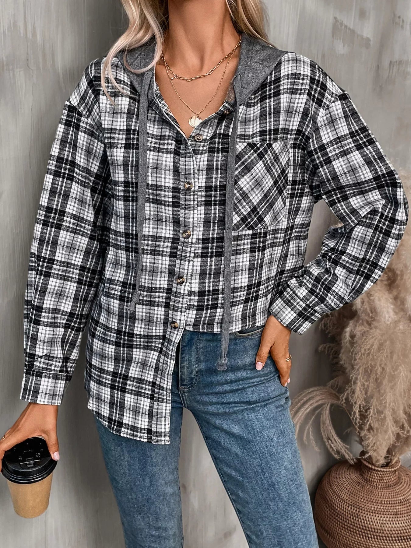 Plaid Button-Up Hooded Shirt NicholesGifts