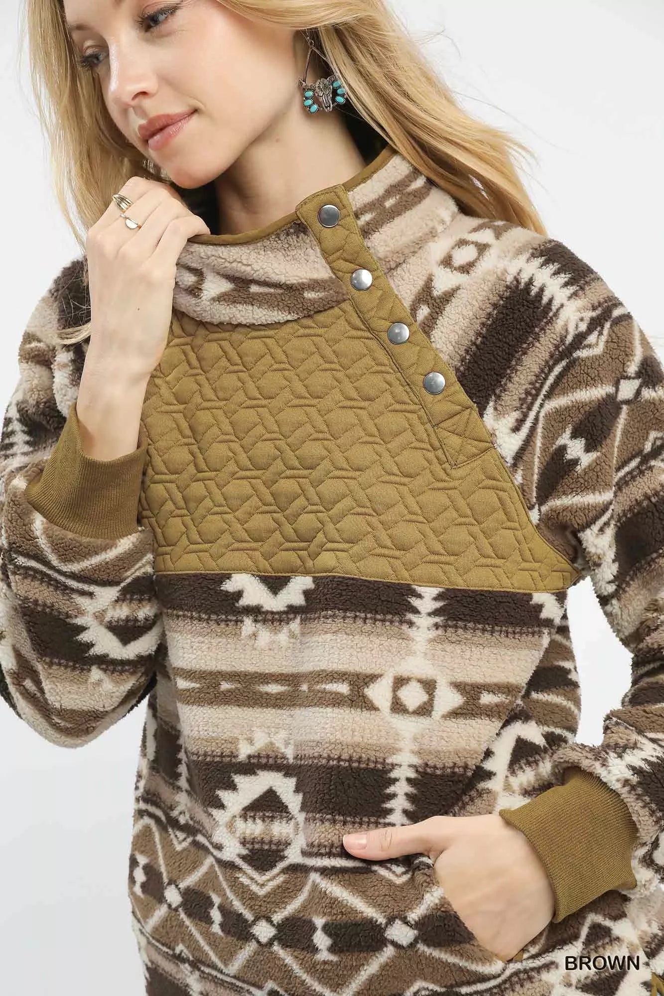 Umgee Aztec Print Sherpa Pullover Trendsi