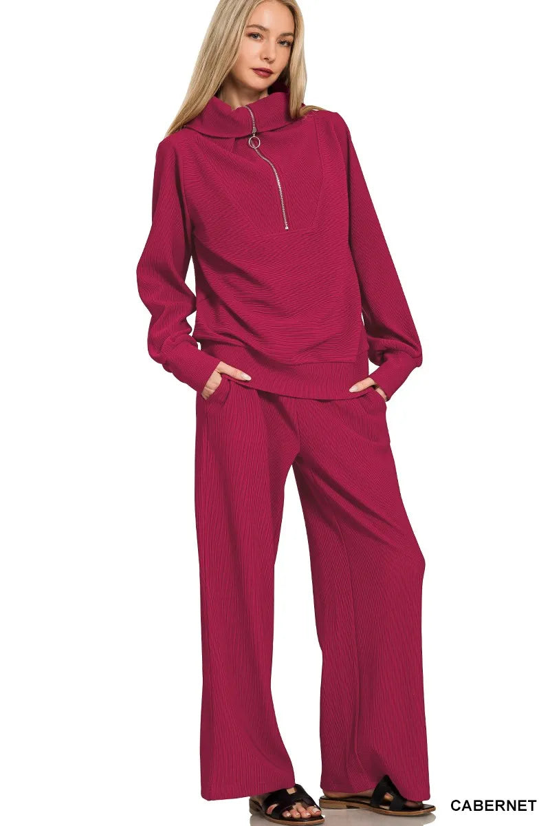 Zenana Ribbed High Neck Half Zip Pullover & Pants Set Trendsi