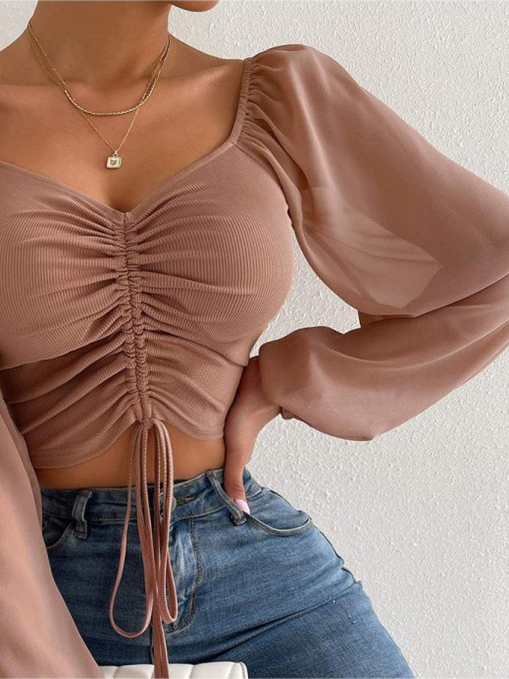 Women Drawstring Sweetheart Neck Cropped Top nicholesgifts