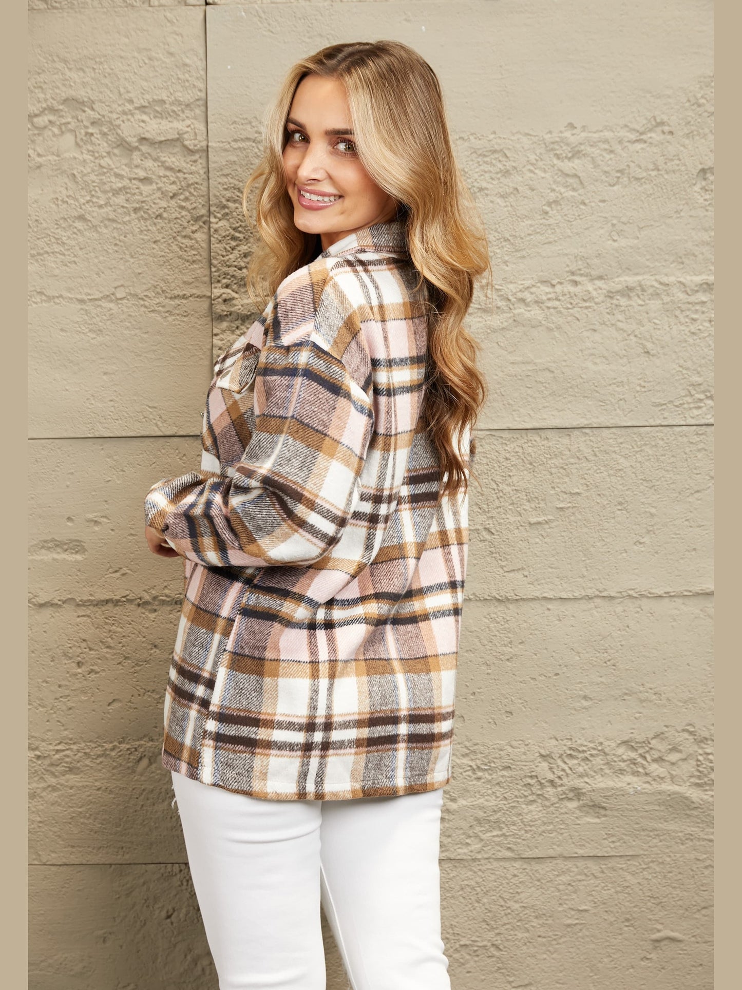 Plaid Button Front Shirt Jacket with Breast Pockets nicholesgifts