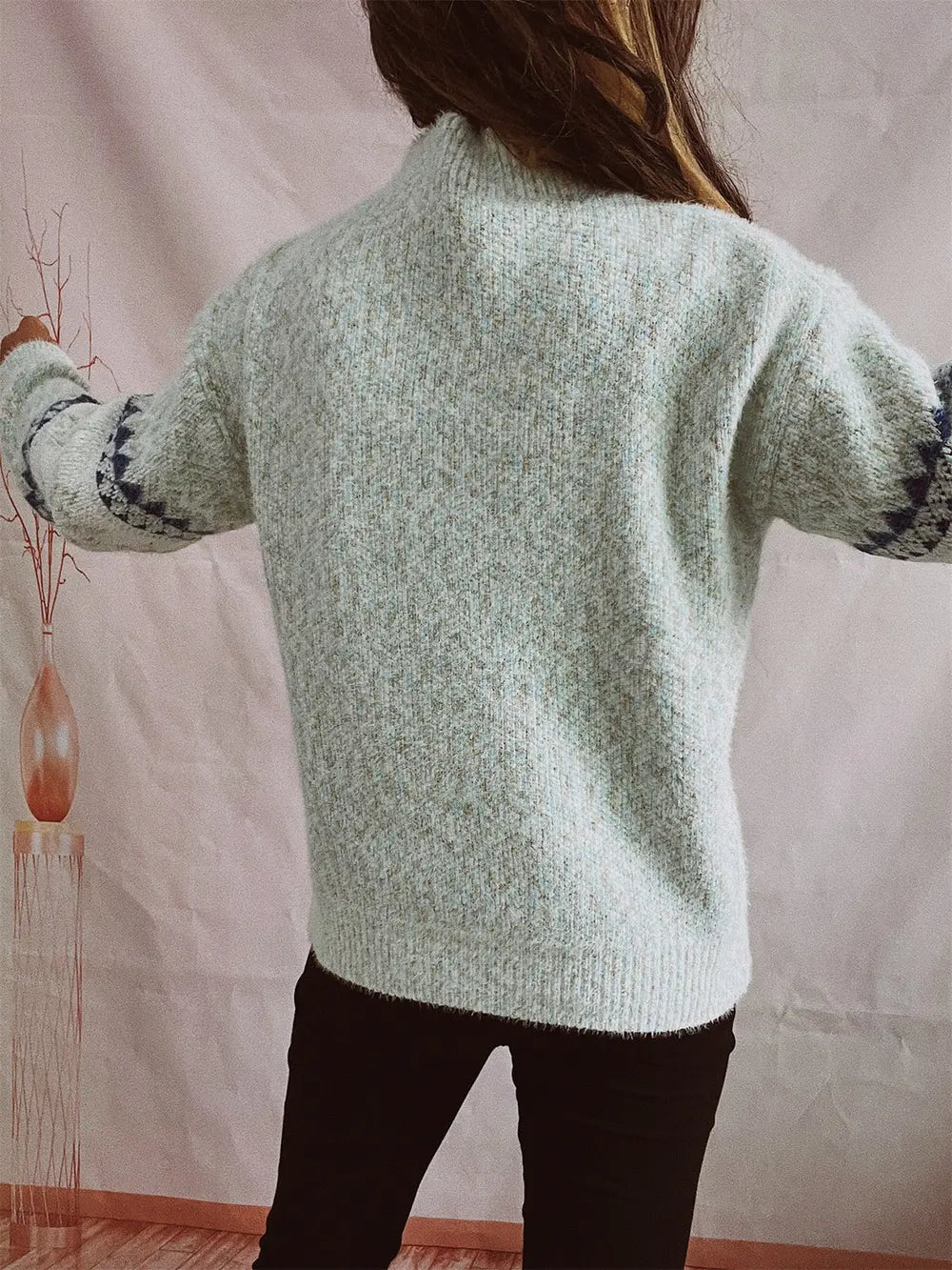 Geometric Mock Neck Dropped Shoulder Sweater Trendsi