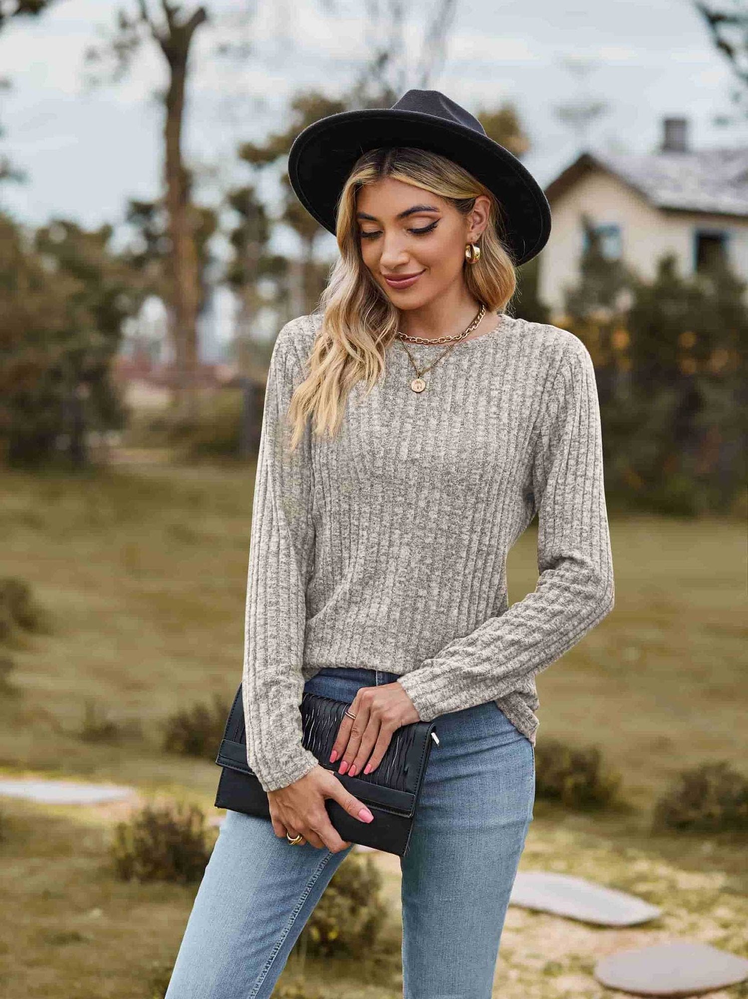 Ribbed Round Neck Long Sleeve Tee NicholesGifts