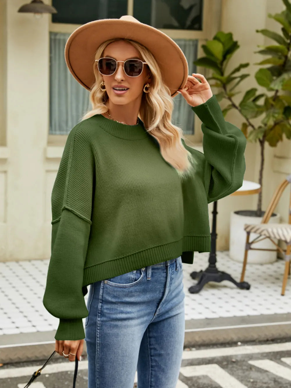 Round Neck Lantern Sleeve Sweater Trendsi