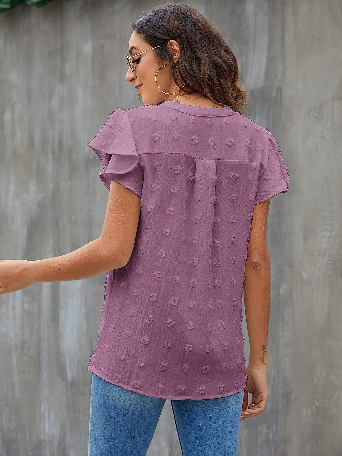 Swiss Dot Notched Cap Sleeve Blouse nicholesgifts