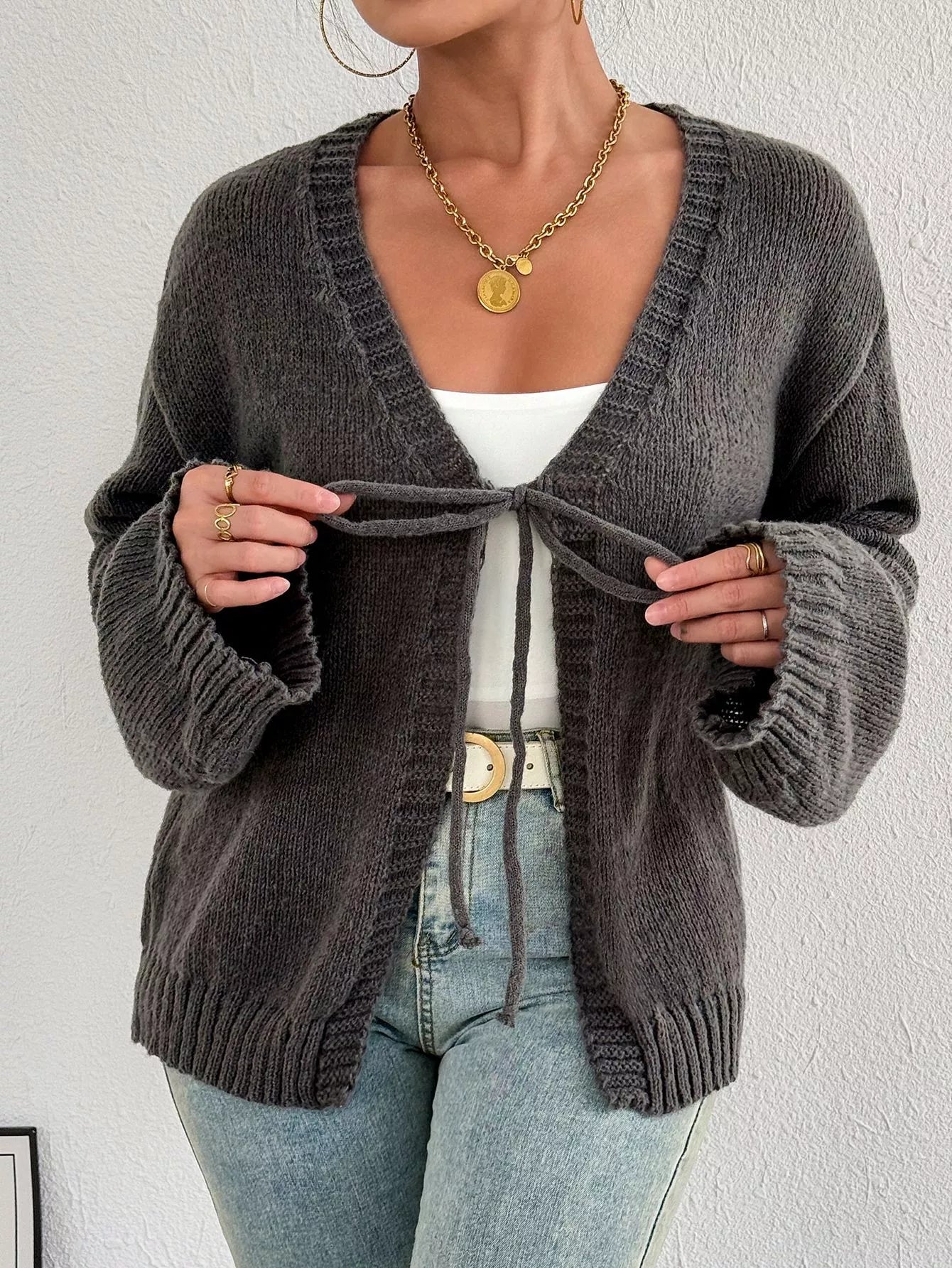 Tie-Front Dropped Shoulder Cardigan