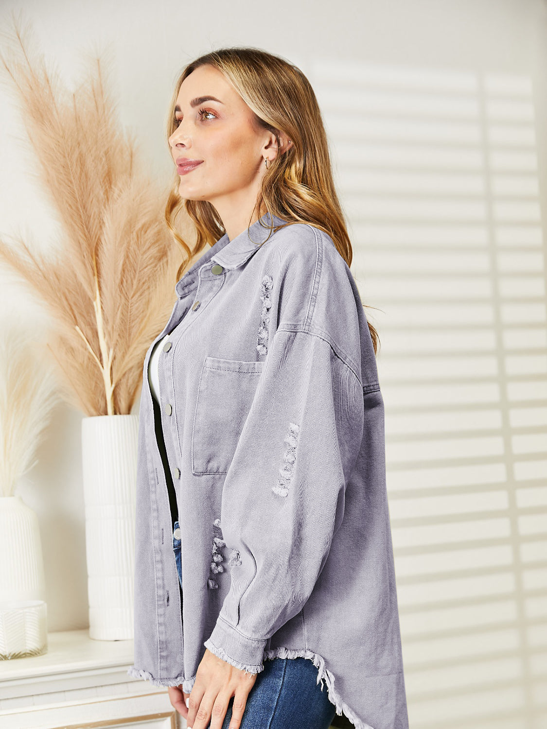 Distressed Raw Hem Denim Jacket nicholesgifts