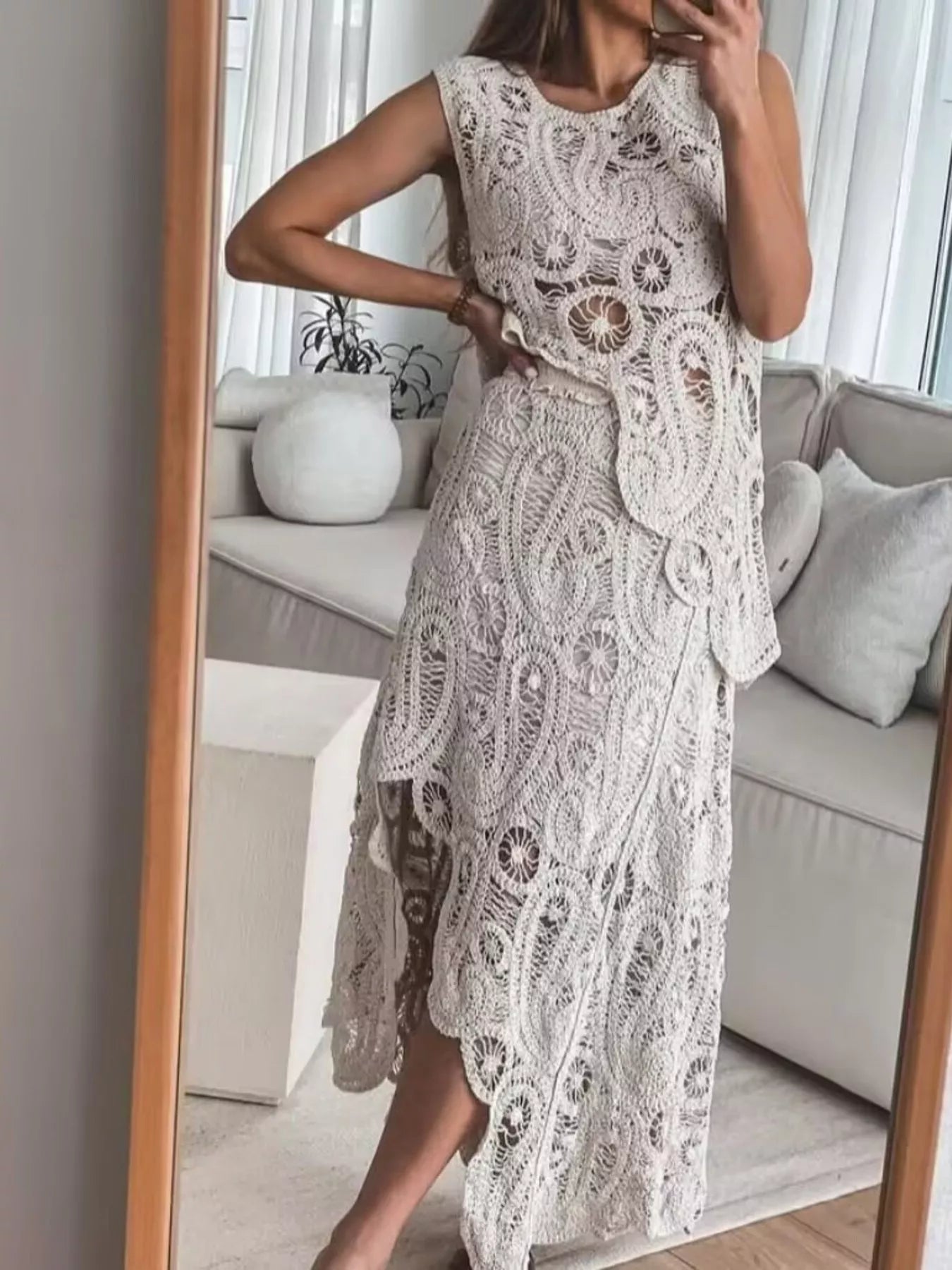 Crochet Sleeveless Tank and Skirt Set Trendsi