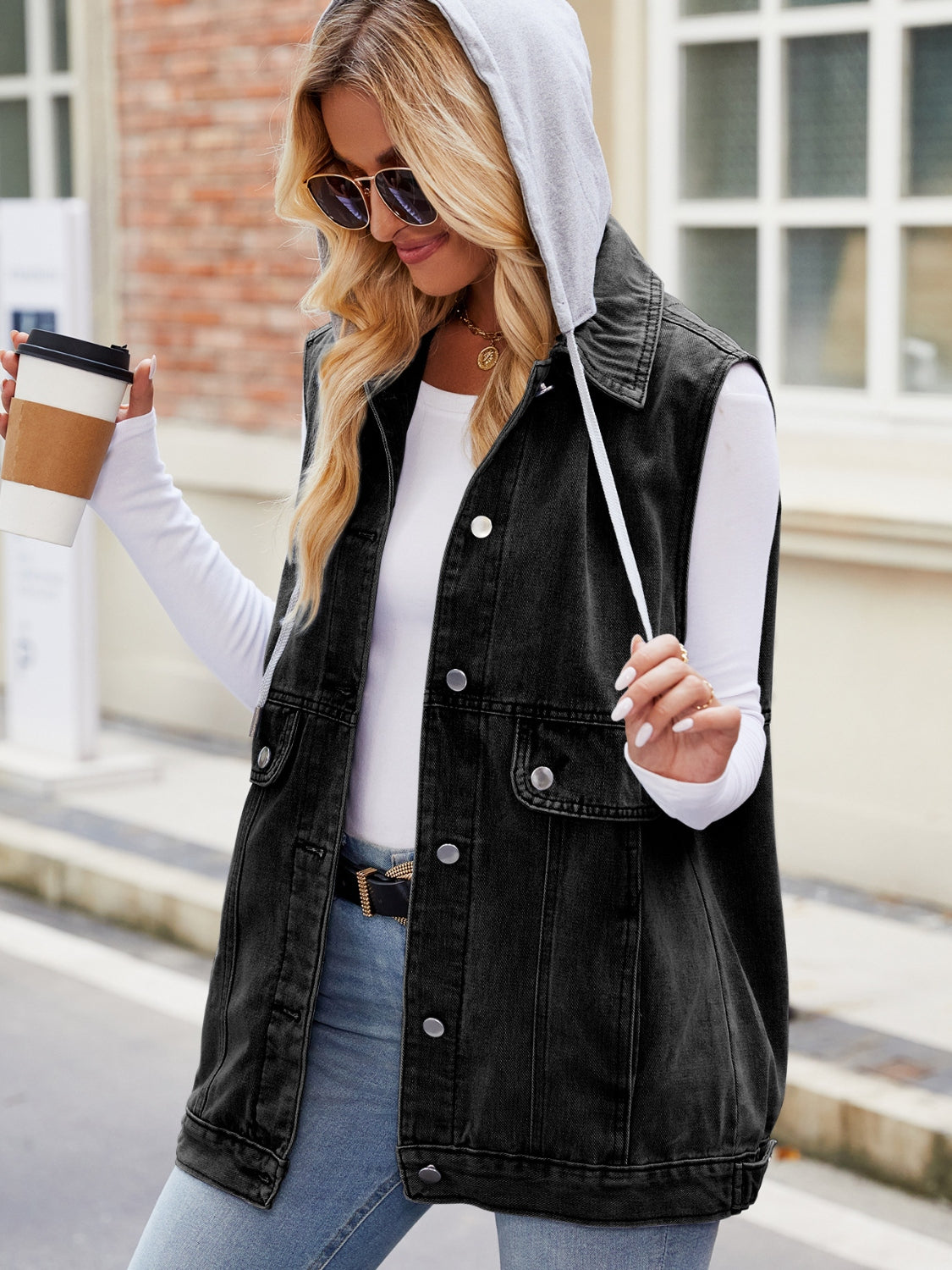 Drawstring Hooded Sleeveless Denim Jacket nicholesgifts