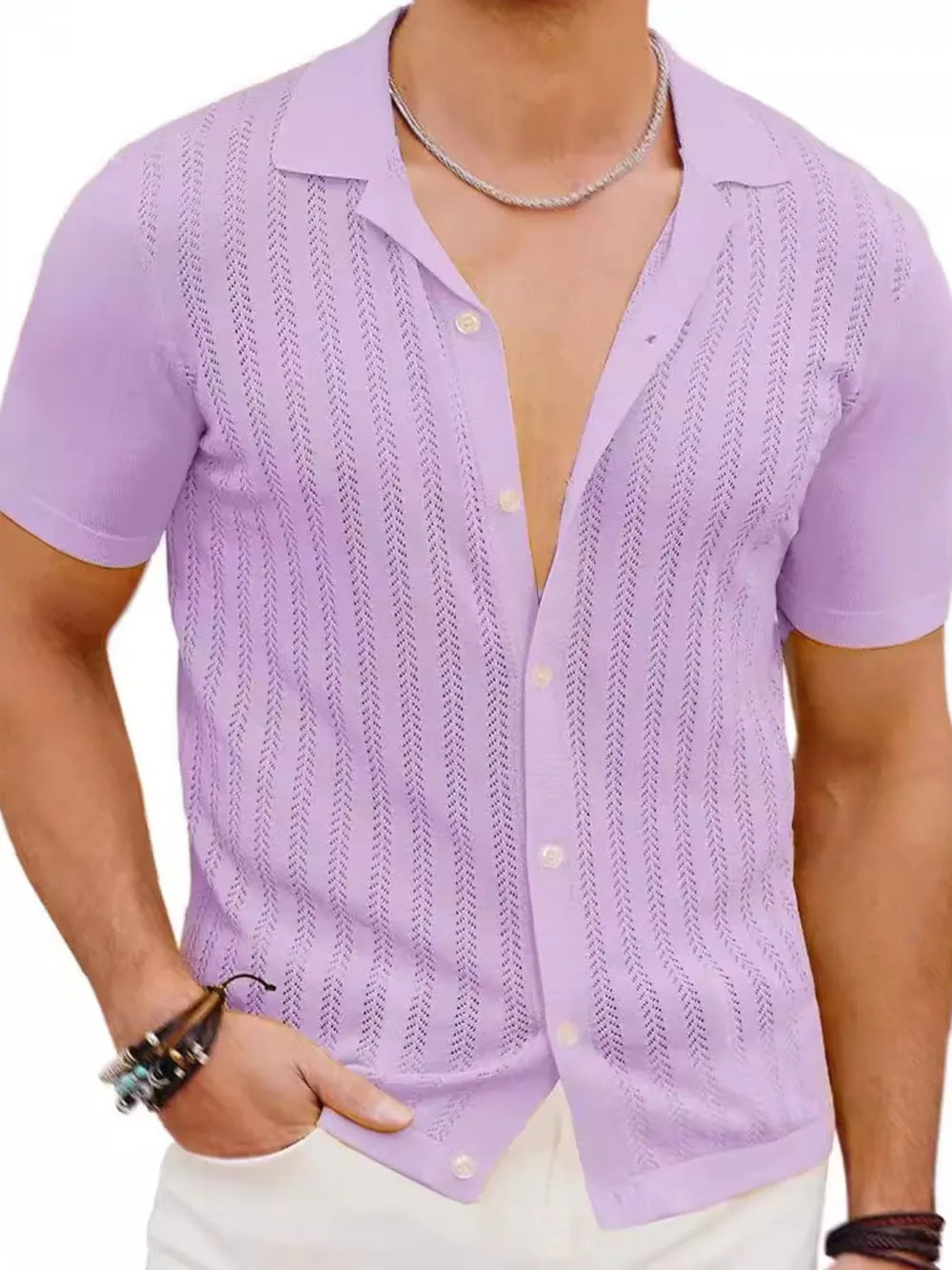 Men's Full Size Openwork Button Down Short Sleeve Shirt Plus Size NicholesGifts