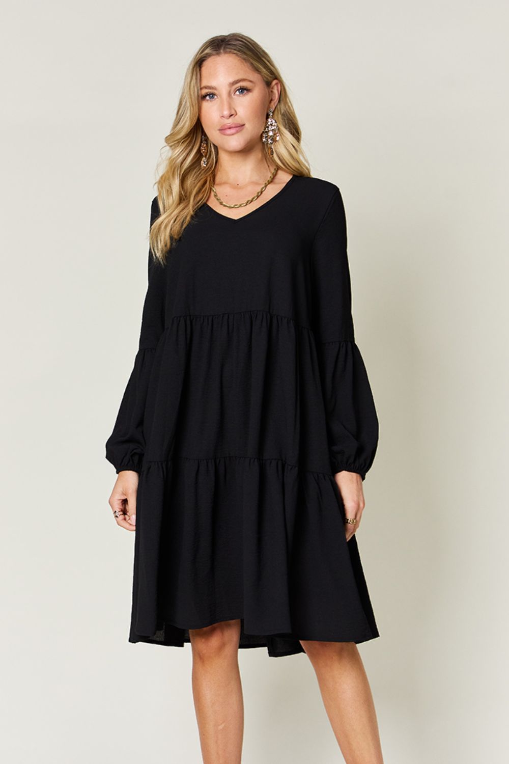 Double Take Full Size V-Neck Balloon Sleeve Tiered Dress nicholesgifts