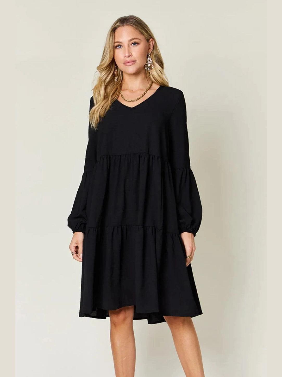 Double Take Full Size V-Neck Balloon Sleeve Tiered Dress with Pockets nicholesgifts