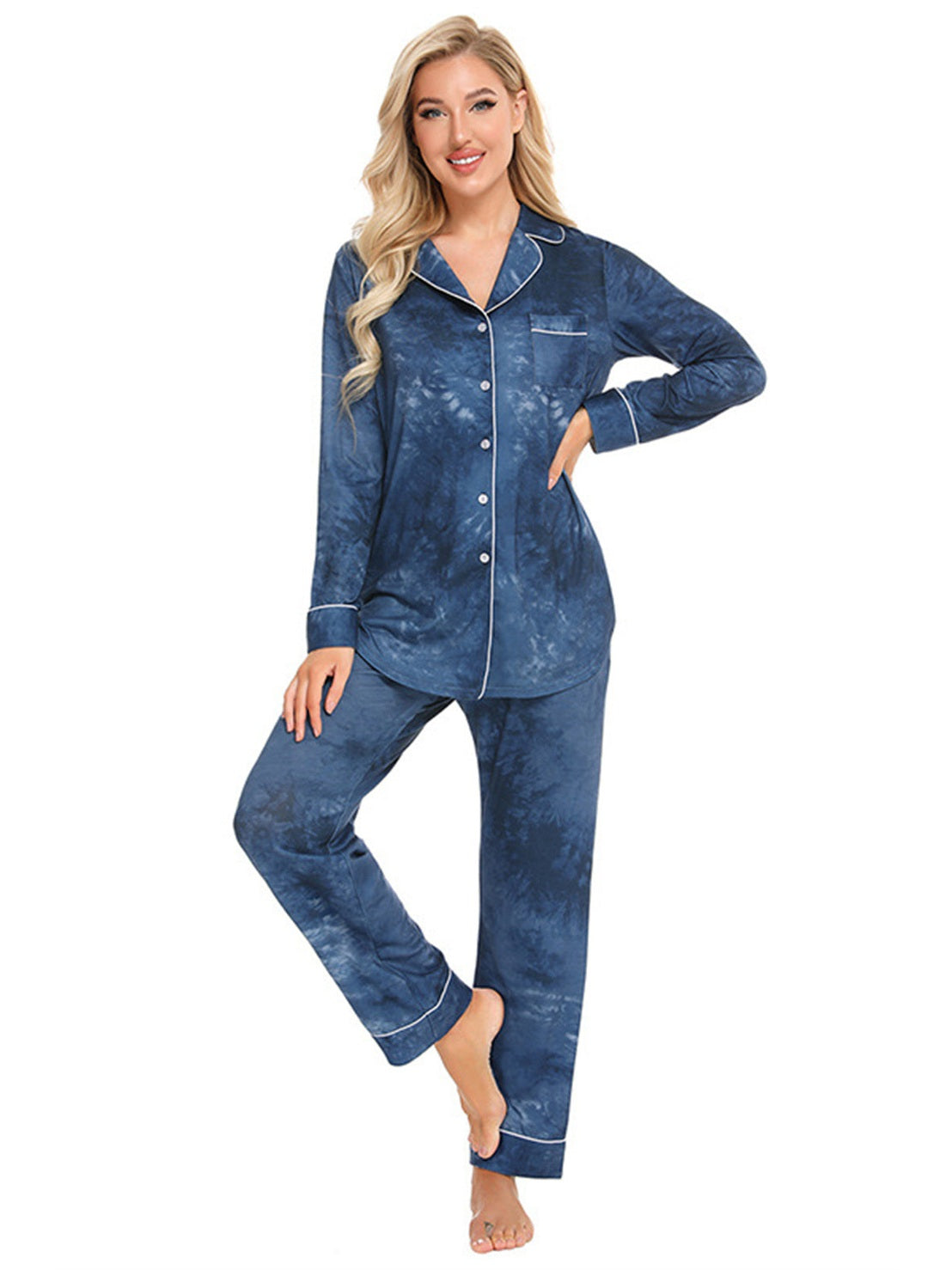 Collared Neck Long Sleeve Loungewear Set with Pockets nicholesgifts