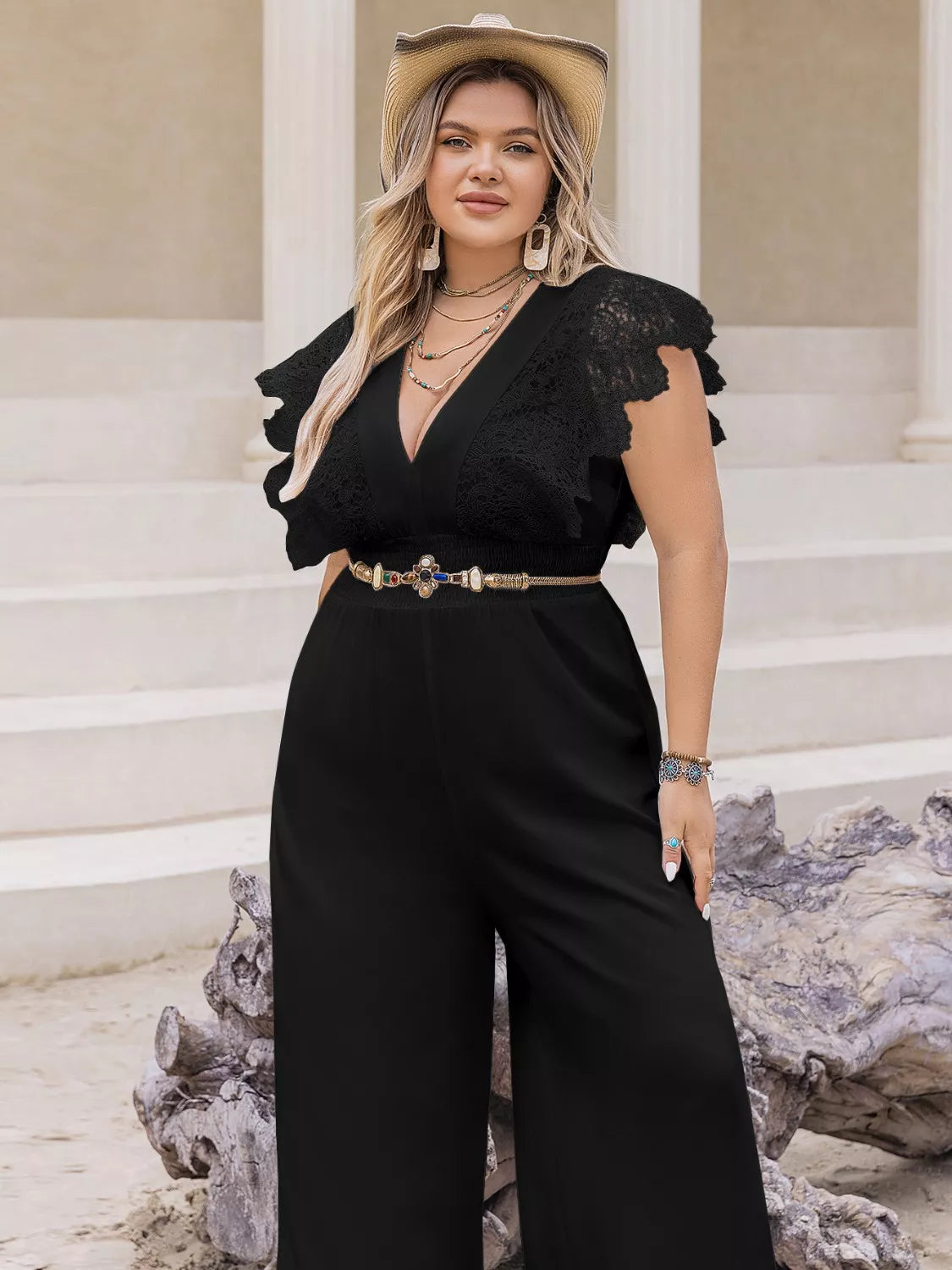 Plus Size Lace Cap Sleeve Wide Leg Jumpsuit nicholesgifts