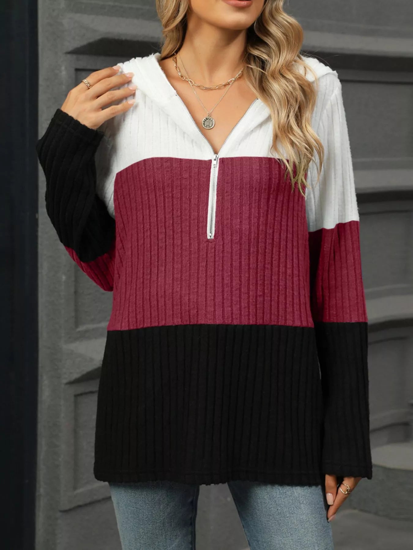 Color Block Half Zip Hooded Top Trendsi