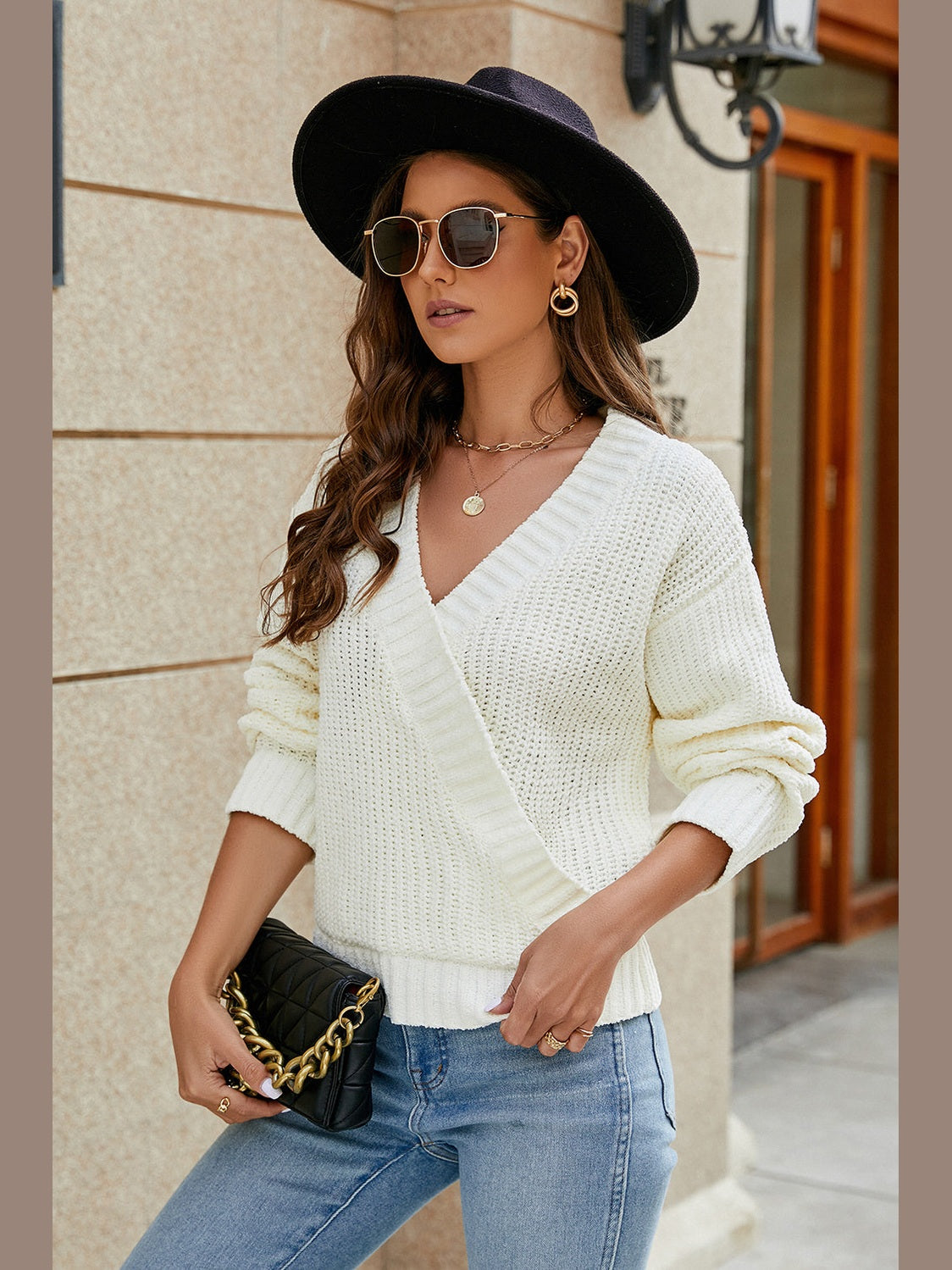 Openwork Surplice Long Sleeve Sweater Trendsi