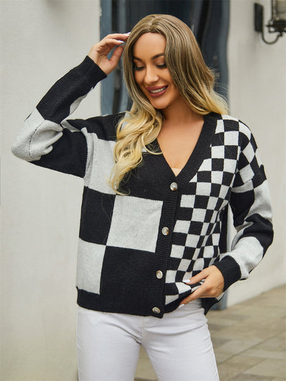 Angel Wings Plaid V-Neck Dropped Shoulder Cardigan nicholesgifts