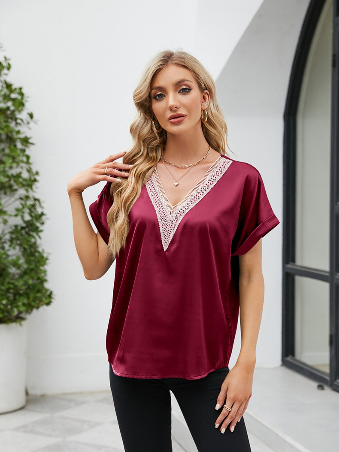 V-Neck Short Sleeve Blouse nicholesgifts