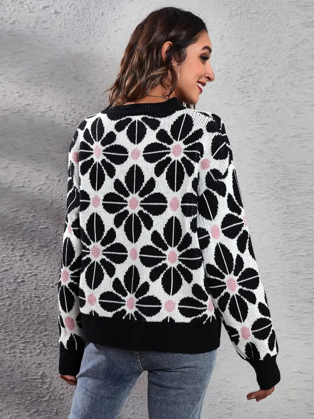 Floral Round Neck Long Sleeve Sweater nicholesgifts