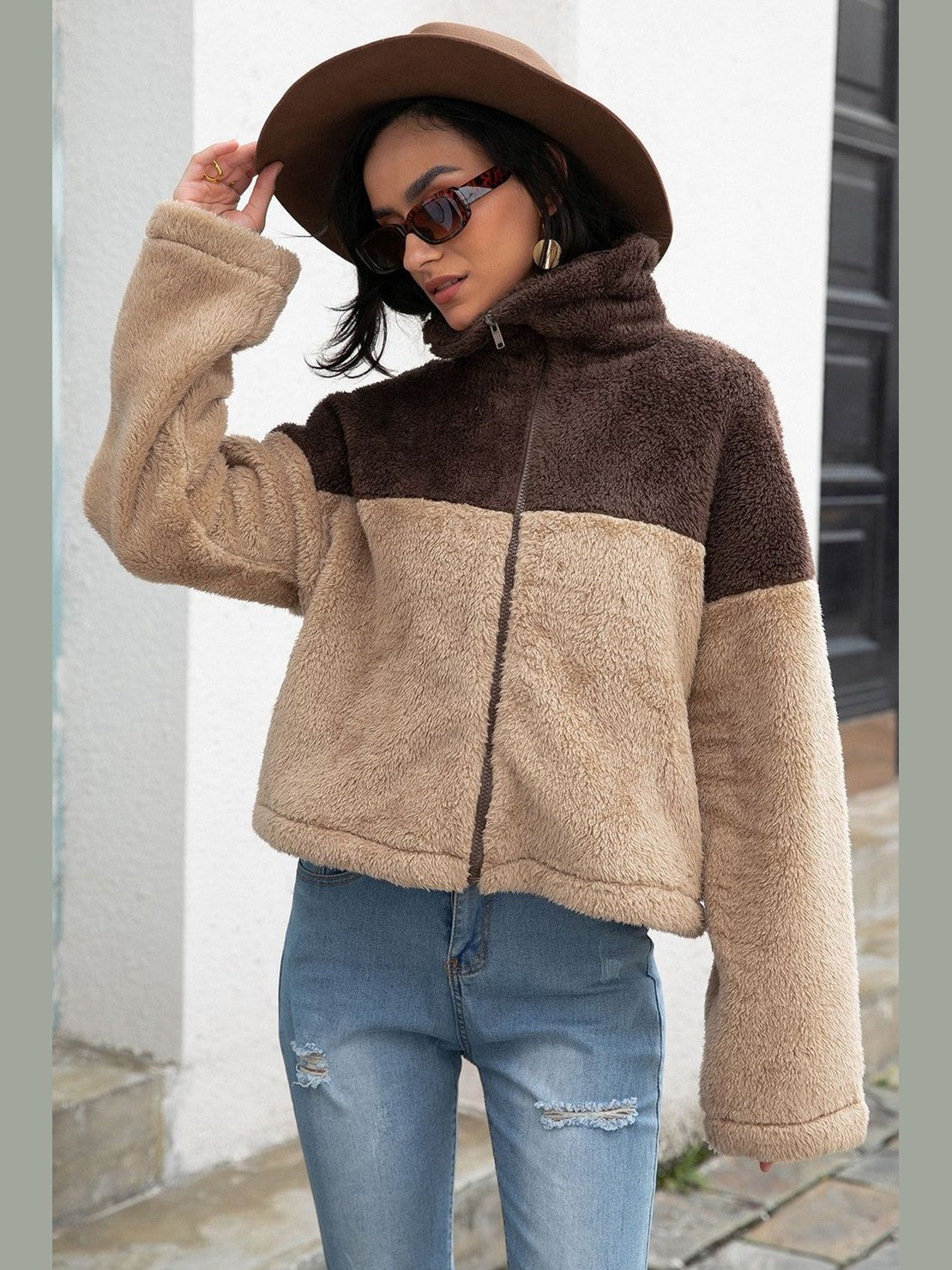 Two-Tone Collared Neck Fuzzy Jacket nicholesgifts