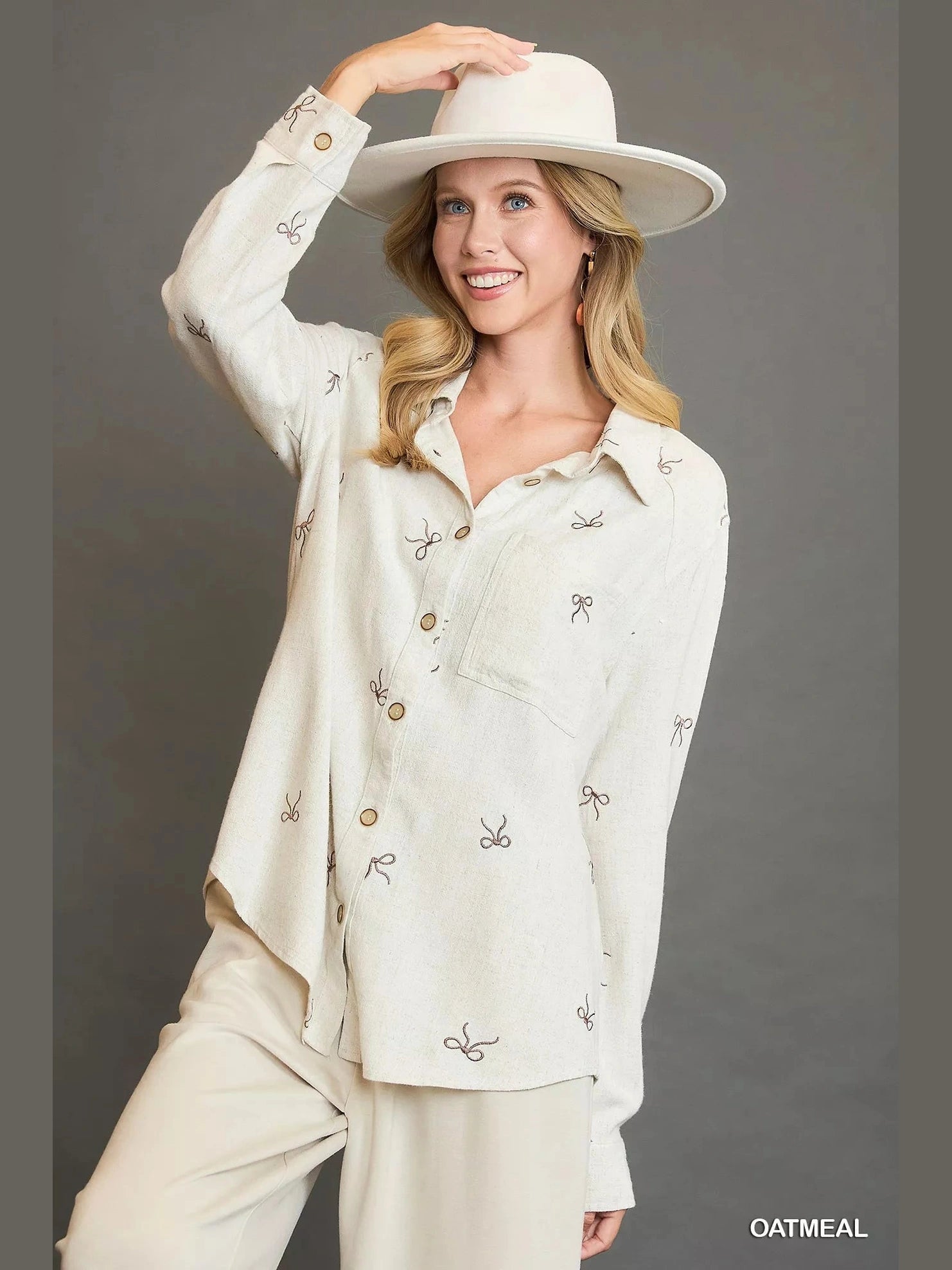 Women Umgee Linen Blend Long Sleeve Fitted Shirt with Ribbon Embroidery Details NicholesGifts