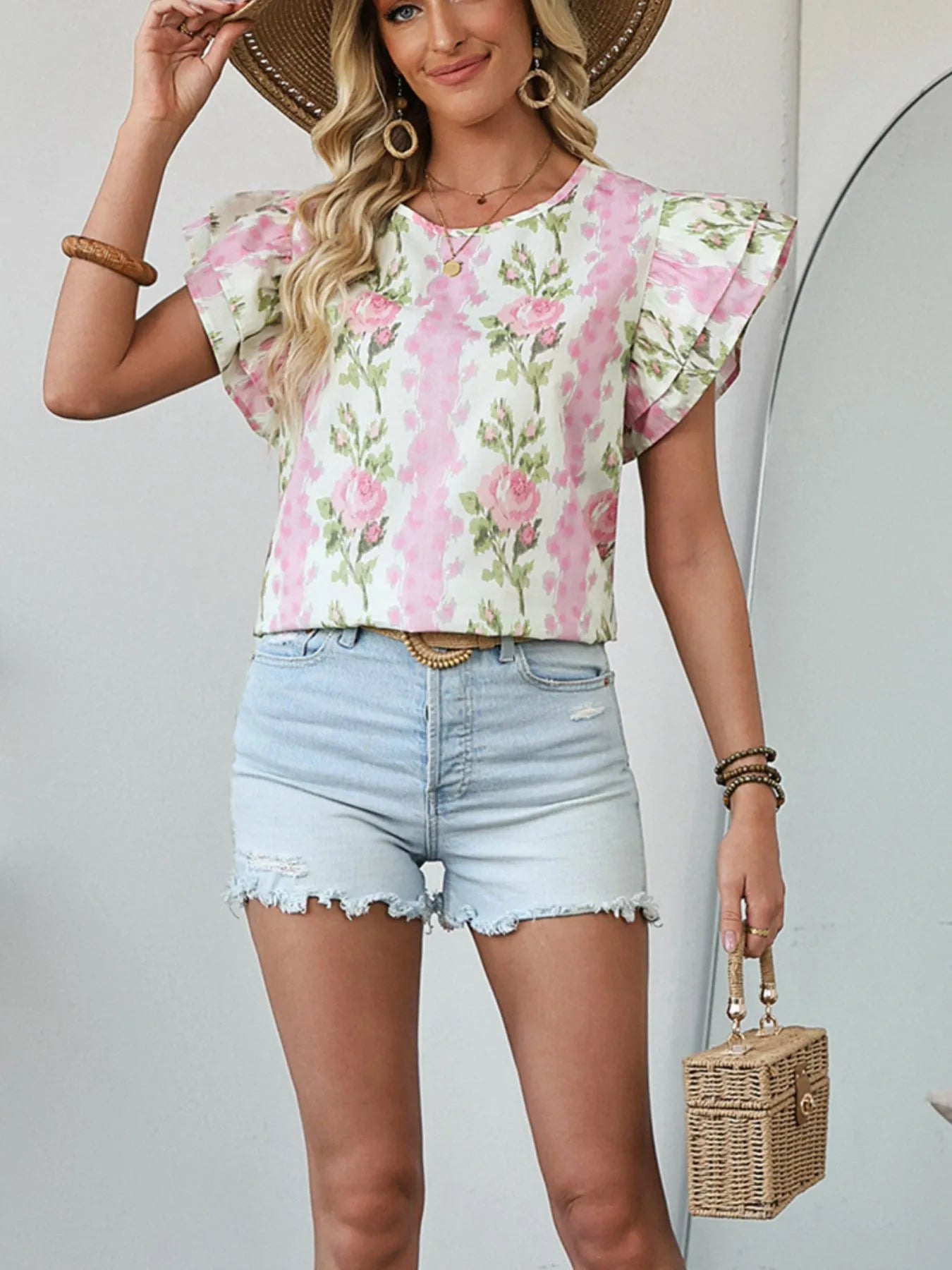 Floral Print Ruffled Sleeve Blouse NicholesGifts