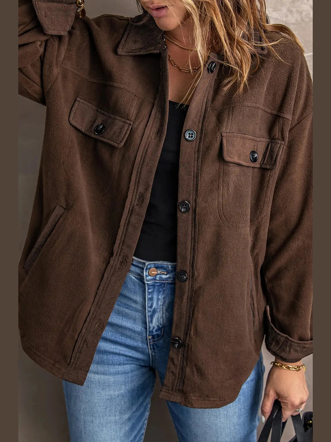 Button Up Collared Neck Long Sleeve Jacket nicholesgifts