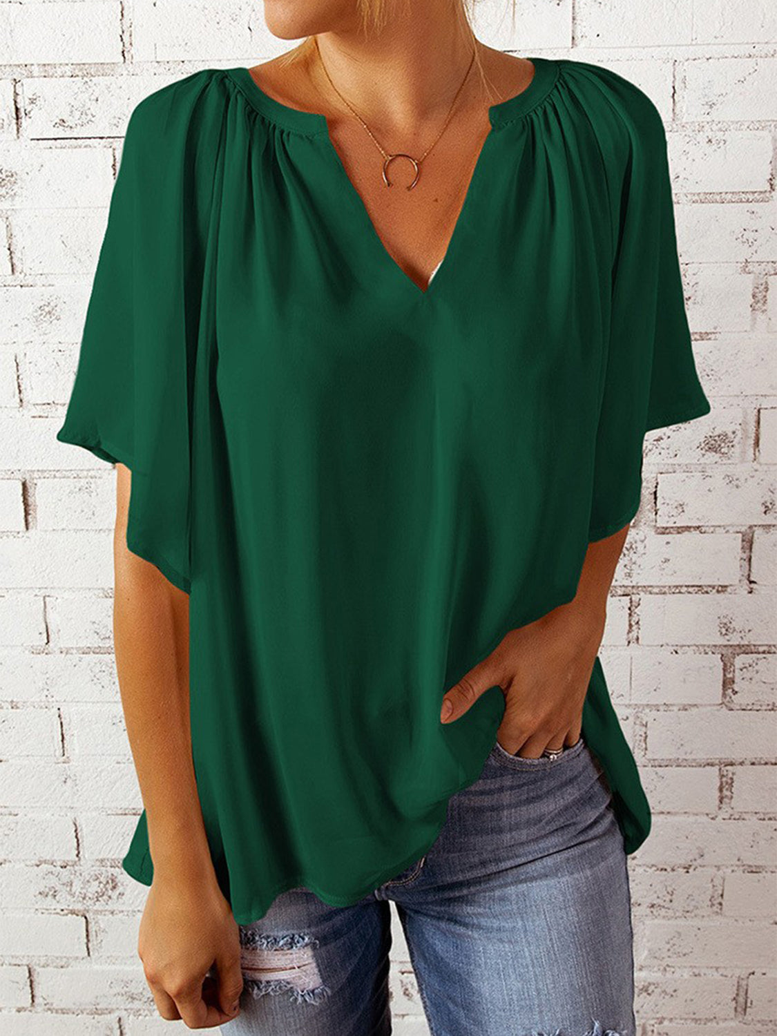 Ruched Notched Half Sleeve Blouse nicholesgifts