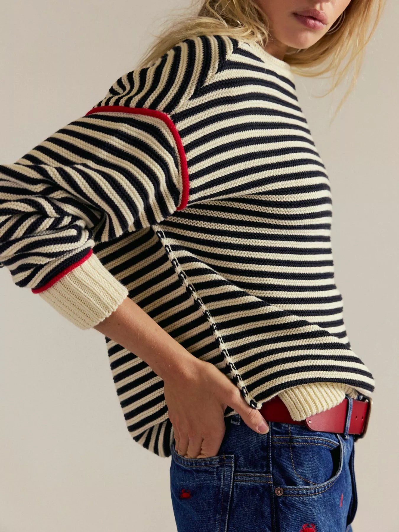 Striped Round Neck Long Sleeve Sweater Trendsi