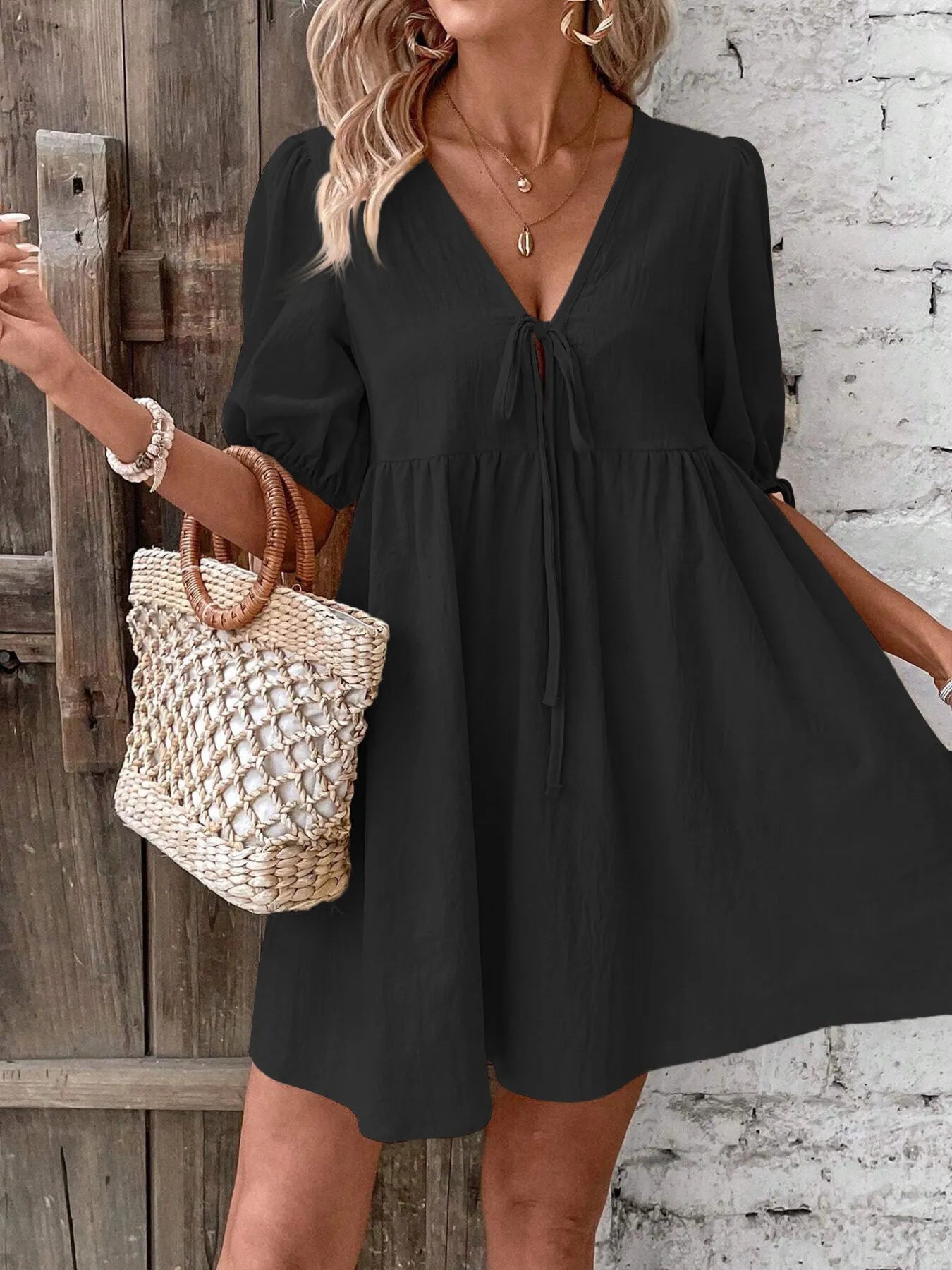 V-Neck Tie-Front Mini Dress with Puff Sleeves NicholesGifts