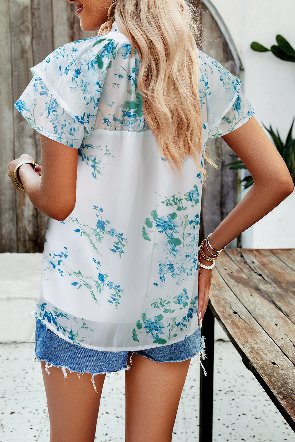 Printed Ruffled Mock Neck Blouse nicholesgifts