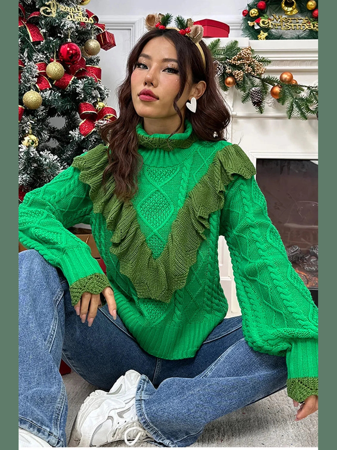 Cable-Knit Ruffled Mock Neck Lantern Sleeve Sweater Trendsi