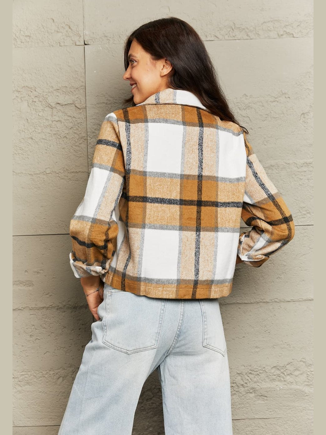 Plaid Collared Neck Jacket with Breast Pockets nicholesgifts
