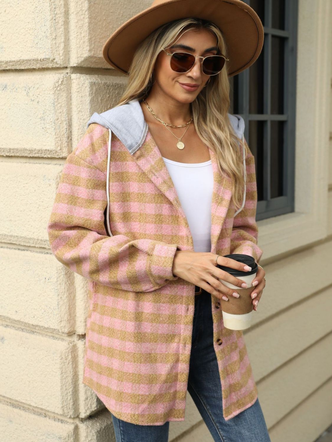 NicholesGifts Women Drawstring Plaid Long Sleeve Hooded Jacket NicholesGifts