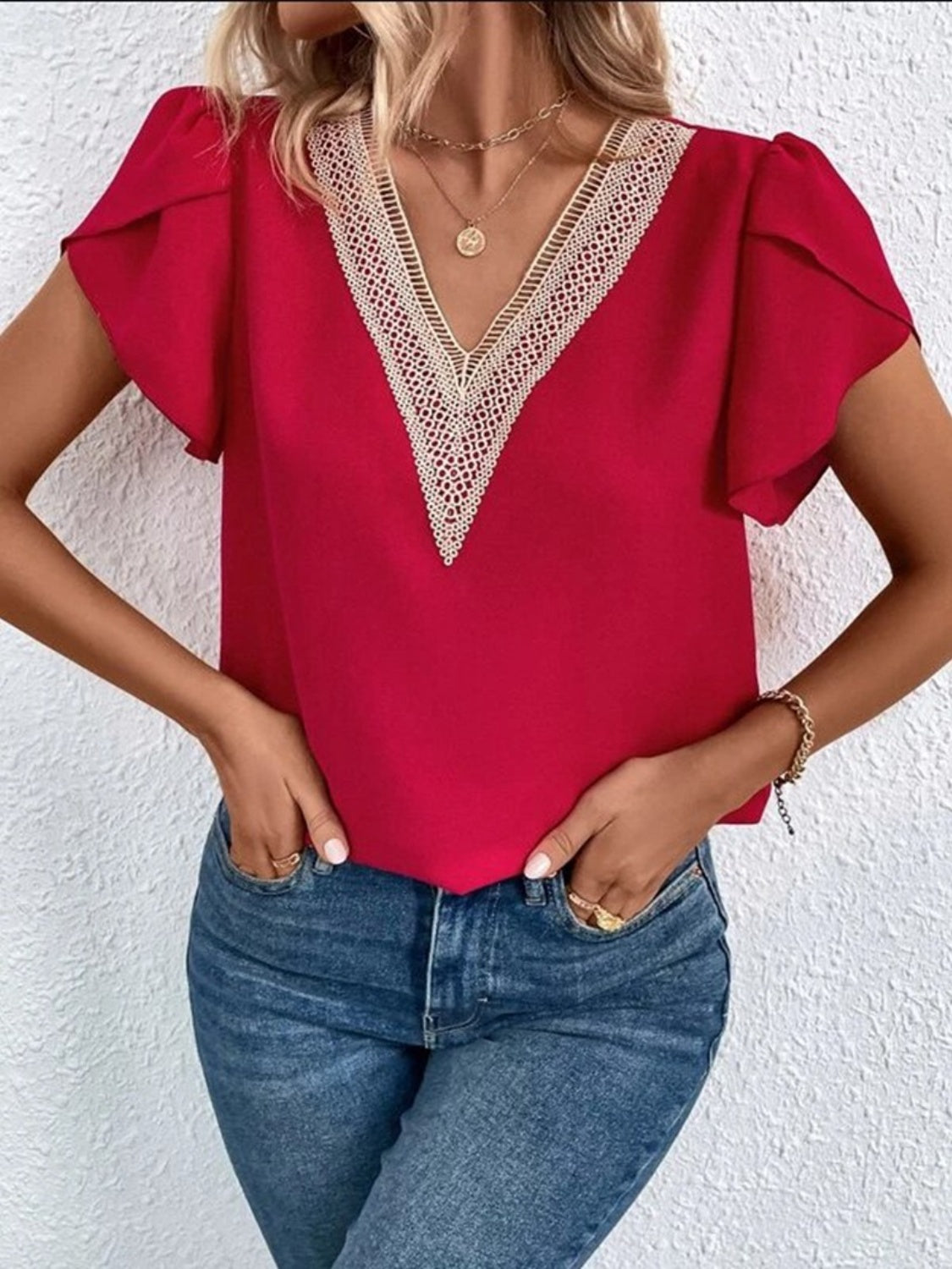 V-Neck Petal Sleeve Blouse nicholesgifts