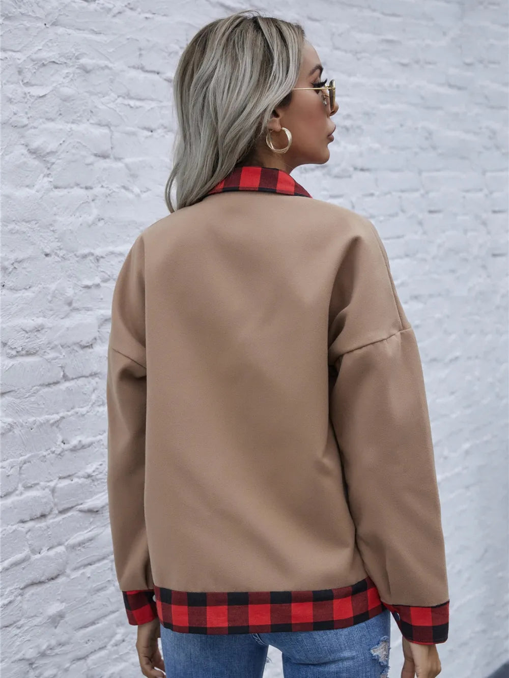 Plaid Trim Long Sleeve Jacket nicholesgifts