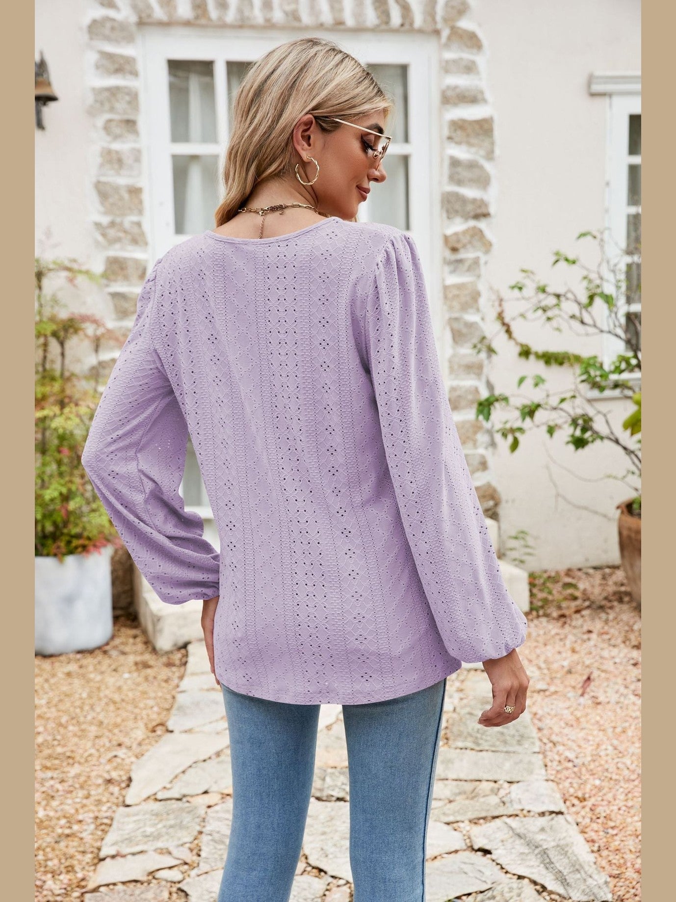 Eyelet Notched Neck Balloon Sleeve Blouse