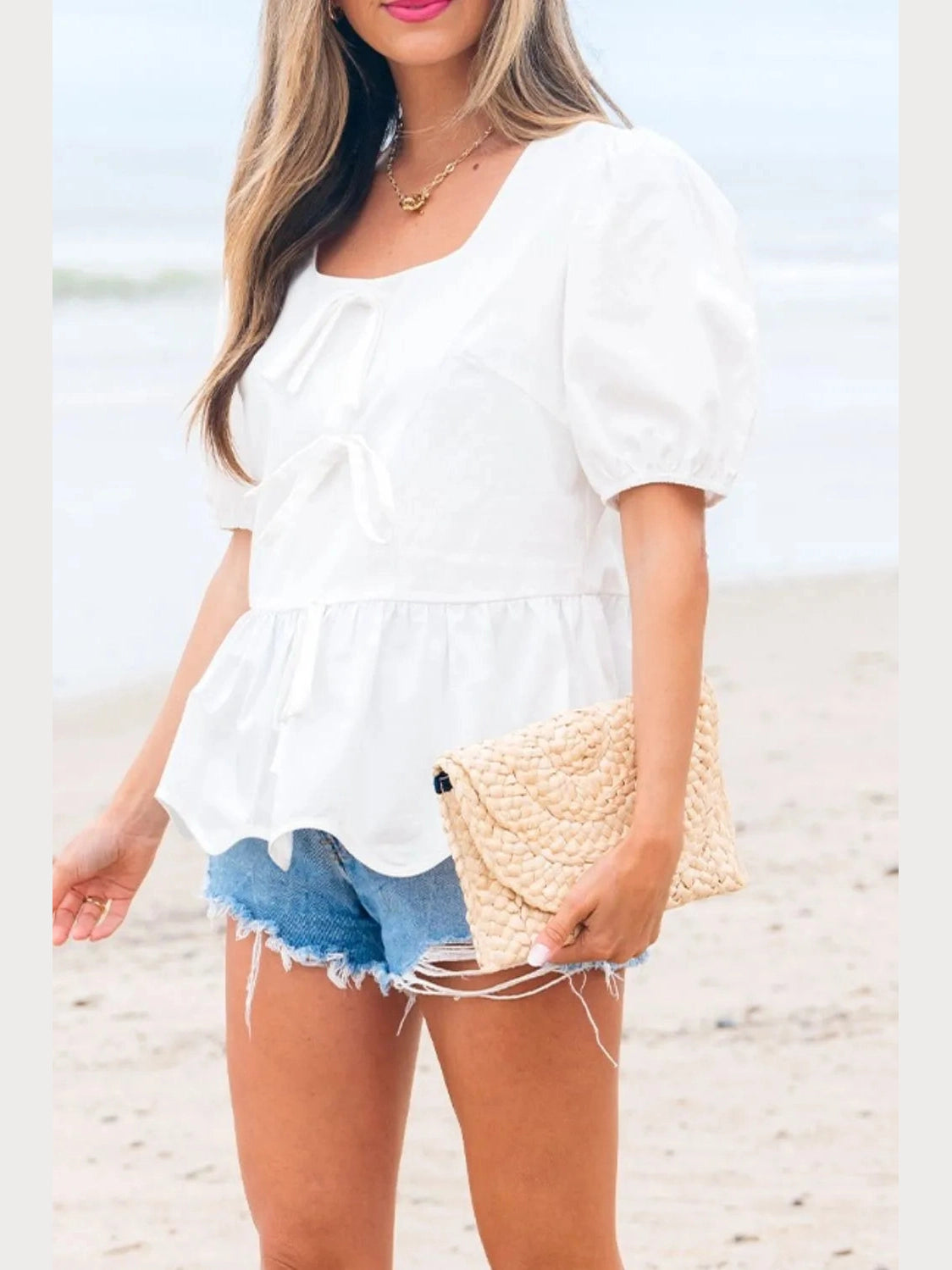 Bow Knot Decor Square Neck Puff Sleeve Peplum Top NicholesGifts