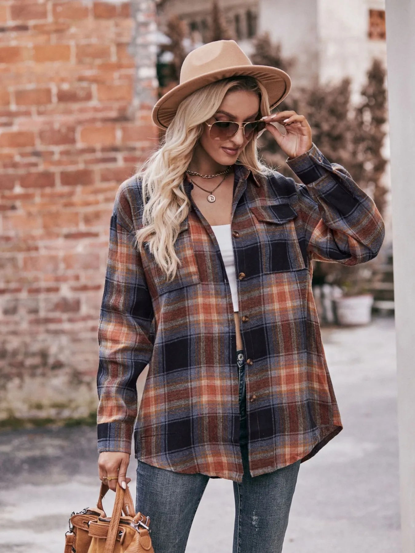 Plaid Button-Down Long Sleeve Shirt Trendsi