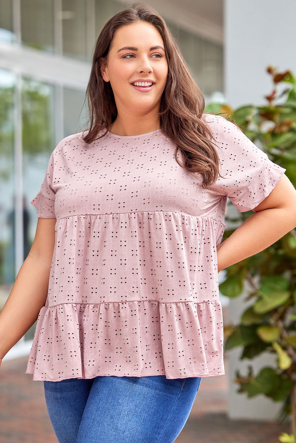 Plus Size Eyelet Round Neck Short Sleeve Blouse nicholesgifts