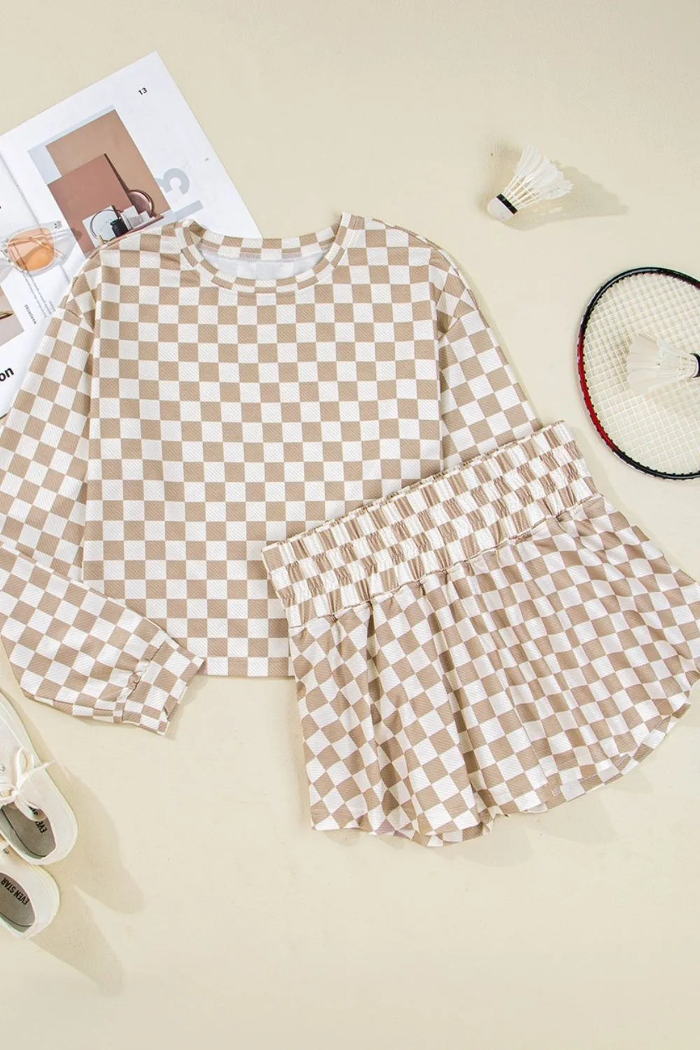 Checkered Long Sleeve Top and Skirt Two-Piece Set Trendsi