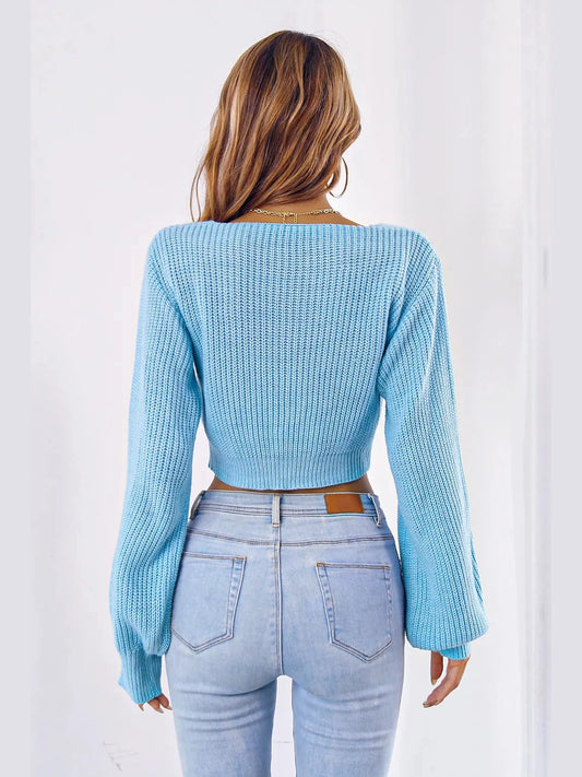 Bow V-Neck Long Sleeve Cropped Sweater nicholesgifts