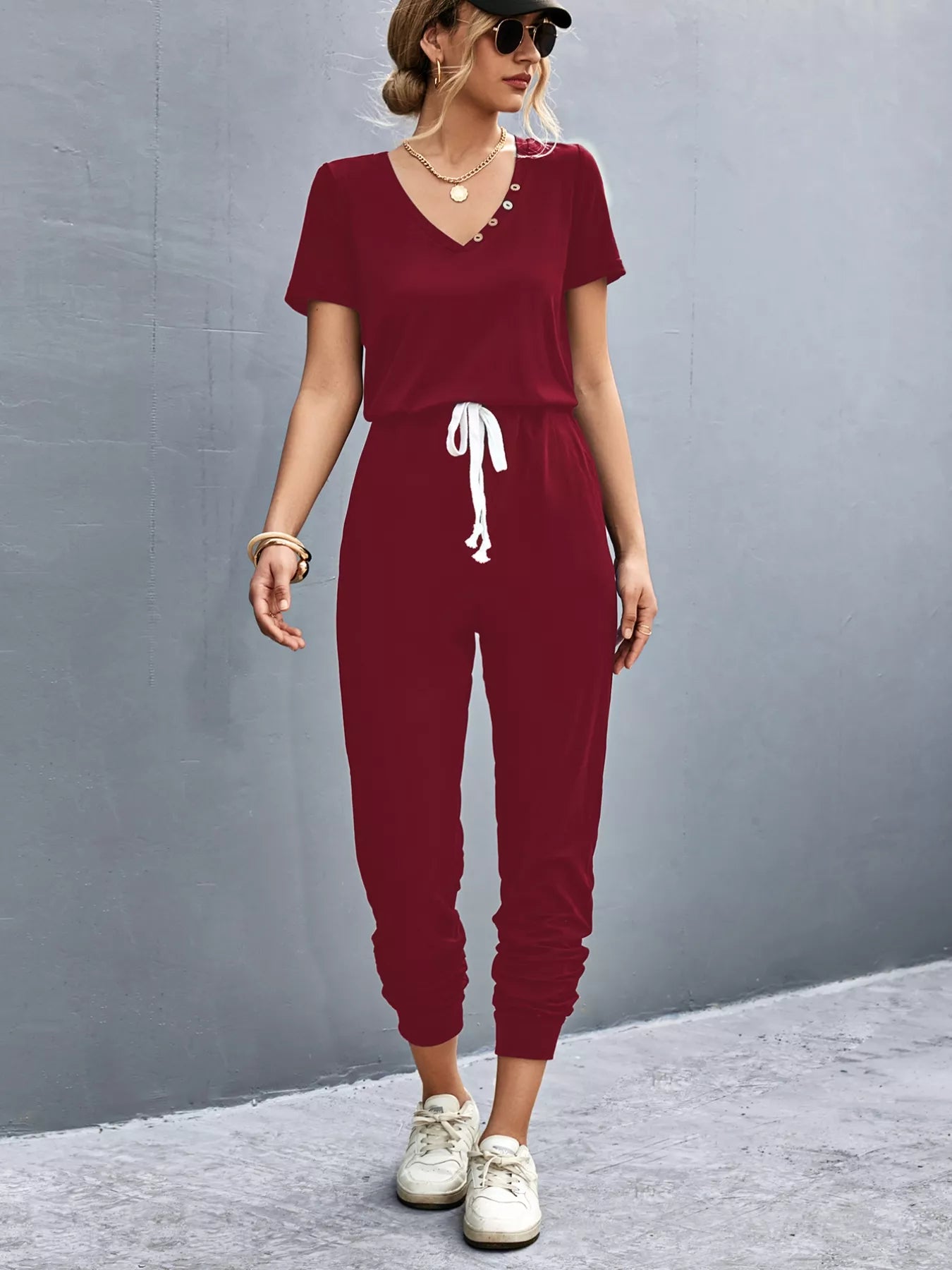 Casual V-Neck Short Sleeve Drawstring Waist Jumpsuit nicholesgifts